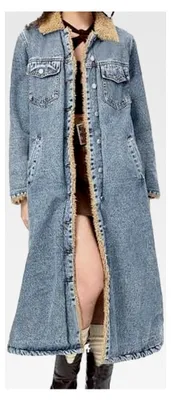 Produktbild von Damen Jeansjacke Langmantel Winterjacke Button Down Denim Trenchcoat Plüschmantel Wollmantel Fleecemantel mit Taschen Warm Verdickt Fleece Gefüttert Parka Jacke Outwear