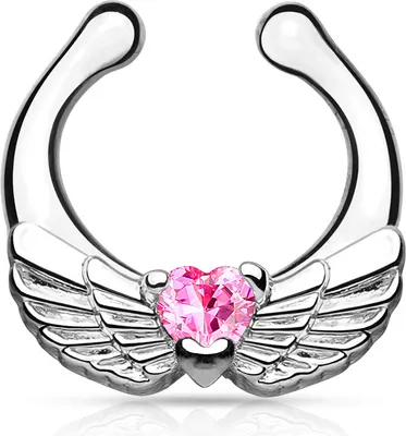 Produktbild von Nasenpiercing Nasenring Fake Piercing Septum Helix Flügel Herz Clip On Hanger silber-rosa