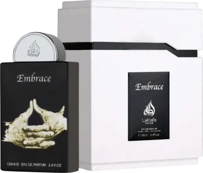 A perfume bottle and its packaging are displayed against a white background.