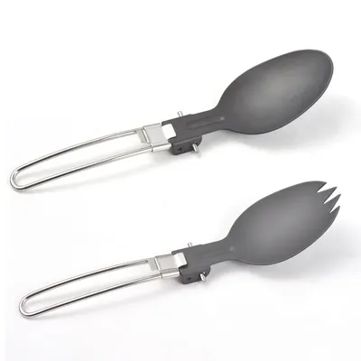 Produktbild von Klapplöffel und -gabel, Aluminium-Klapplöffel, Aluminium-Klappgabel, klappbarer Campinglöffel, klappbarer Campinggabel, faltbarer Gabel-Löffel, Aluminium-Löffel-Gabel