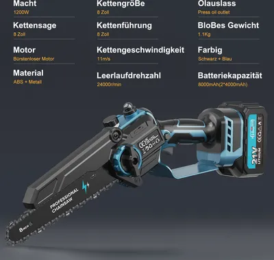 Produktbild von Mini Kettensäge mit 2 Akku, 8000mAh/21V Kleine Kettensäge Elektrisch, 1200W Einhand Kettensäge, 8“ Astsäge Akku Motorsäge, Baumsäge Elektrisch Mini Chainsaw für Gartenscheren Holzschneidenz DIY