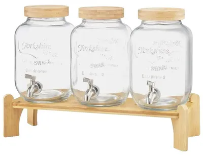Image de Distributeur de boissons, capacité de 3 x 3,8 litres, en verre, robinet anti-gouttes, socle en bois, design élégant