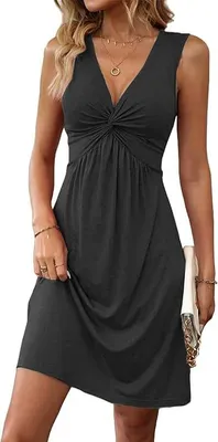 Produktbild von ASKSA Damen V-Ausschnitt Kleid Aermellos Einfarbig Strandkleider Casual Tunikakleid Sommerkleid (A Dunkelgrau,M)