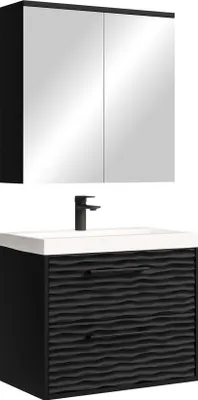 A black bathroom vanity set with a sink and a mirrored cabinet above it, presented against a white background.