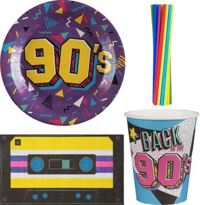 Produktbild von Einweggeschirr für 90er Jahre Party - Deko Set mit Tellern, Bechern und Servietten