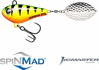 A fishing lure with a spinner blade, presented against a white background, with brand logos at the bottom.