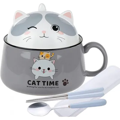 Ramen-Schüssel mit Deckel, Kawaii Katze, 1020 ml, grau