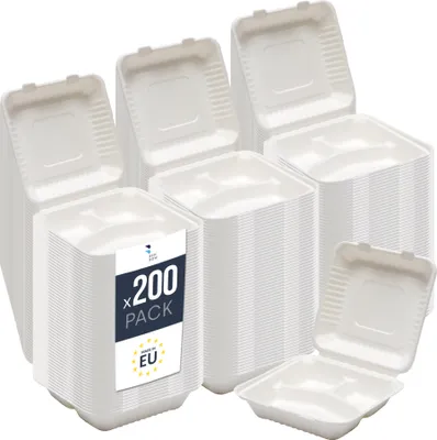 Produktbild von Menüschale aus Zuckerrohr x200 – Nachhaltig, Robust, Biologisch Abbaubar - ideal für heiße Speisen