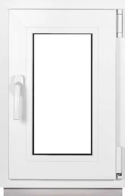 A white window frame with a clear glass pane and a silver handle.