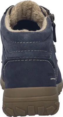 The back view of a blue leather boot with a brown sole and fuzzy lining.