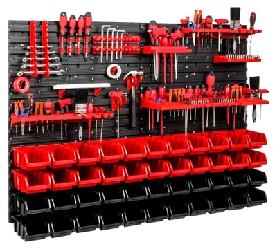 Produktbild von Werkzeugwand Lagersystem mit 44 Stapelboxen und Werkzeughaltern - Wandregal für die Werkstatt