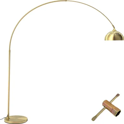 A gold arc floor lamp with a domed shade and a small tool on a white background.