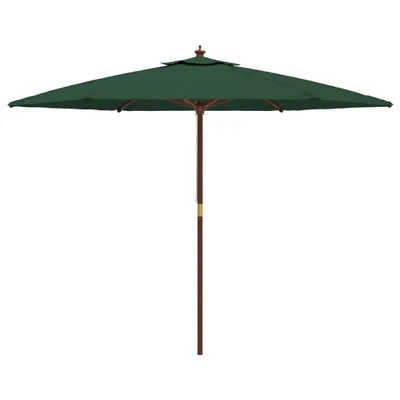 A green patio umbrella with a wooden pole is shown against a white background.