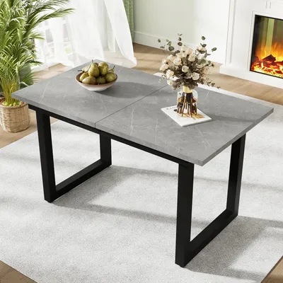 Image de Table à manger rectangulaire à rallonges [120-160] x [80] cm pour [4-6] personnes, table de cuisine de style industriel aspect béton noir, table à manger robuste avec piètement en métal
