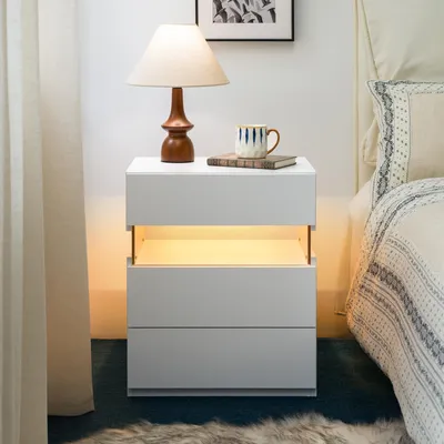 Produktbild von LED-Nachttisch 3 Schubladen Acrylplatte Weiß