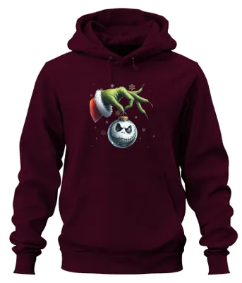 Produktbild von Grinch Hand Jack Skellington Weihnachtskugel düster Retro Hoodie Kapuzenpullover, Burgundy, L
