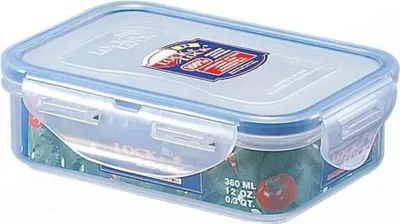A transparent food storage container with a blue lid and latches, shown on a white background.