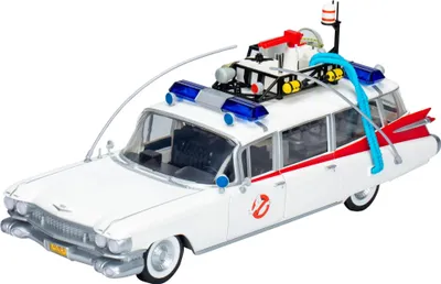 A toy replica of the Ghostbusters Ecto-1 car.