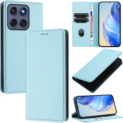 Image de Etui en cuir pour Motorola Edge 60 Fusion, Litschi cuir, étui portefeuille avec fentes pour cartes et support bleu clair