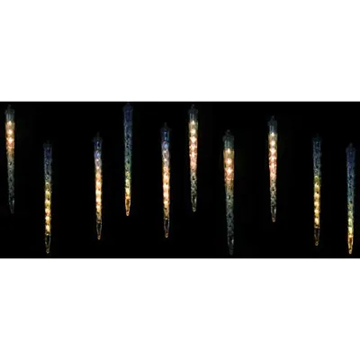 A string of icicle-shaped lights against a black background.