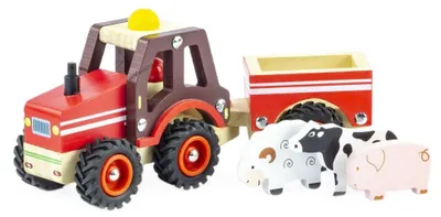 Obrázok produktu pre Retro drevená súprava traktor + príves. 2 kusy v rôznych farbách: červená a modrá. Od 2 rokov