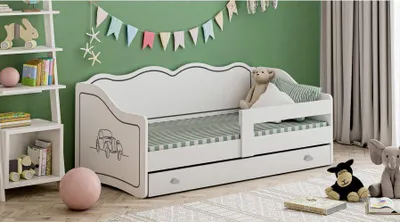 Produktbild von Kinderbett ROYAL 160x80 cm mit Schublade Matratze Lattenrost und Rausfallschutz Auto