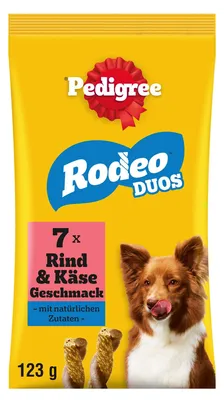 Productafbeelding van PEDIGREE® RODEO™ Duo zakjes, met rund- en kaas smaak, 10 zakjes met 7 stukjes per zakje