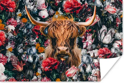 Produktbild von MuchoWow® Poster Schottisches Hochlandrind - Illustration - Blumen 180x120 cm - Fotoplakat