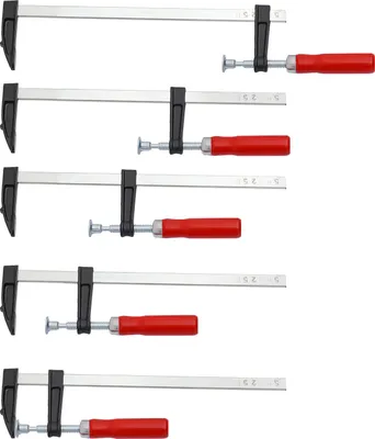 A set of five F-clamps arranged vertically against a white background.