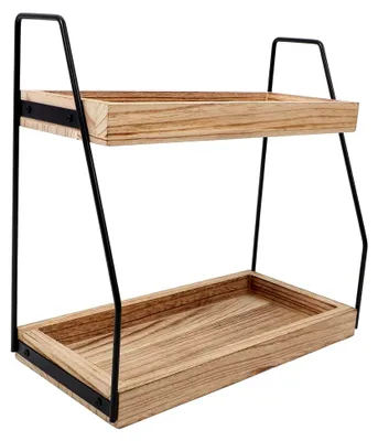Produktbild von Holz Gewürzregal mit Eisen, 2-stöckiger Küchenorganizer für die Arbeitsplatte, vielseitiges und stabiles Aufbewahrungsregal für Küche und Bad