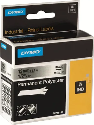 Produktbild von DYMO Rhino Industrie Permanente Polyesteretiketten | 9 mm x 5,5 m | Schwarz auf Metallic | selbstklebendes Schriftband | für Rhino und LabelManager Beschriftungsgerät, Schwarz auf Metallic, Mehrfarbig, Polyester, -40 - 150 °C, UL 969, DYMO