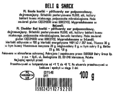 Zdjęcie produktu dla DELI Q SNACK Gouda kostki/ Cheddar Red kostki 100g