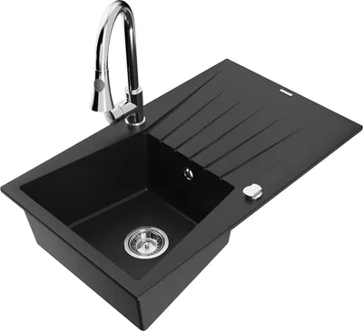 Produktbild von Mexen Cesar 1 Becken-Granitspüle mit Abtropffläche und Mischbatterie Elia, Schwarz - 6514-77-670101-00