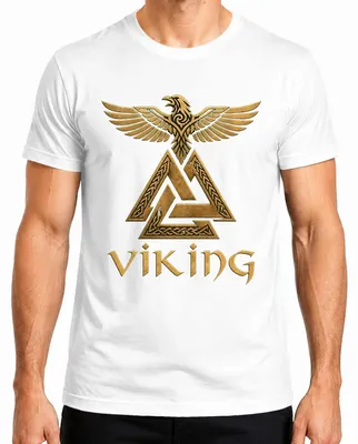 Imagen del producto de Camiseta blanca, talla L, con diseño de "Valknut", "Rabe" (cuervo), "Odin", "mitología nórdica", "guerrero", "Valhalla" y "señores"