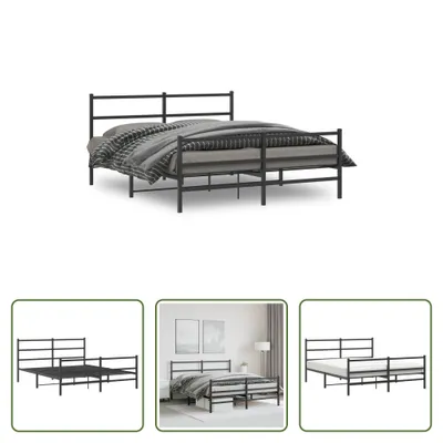 A black metal bed frame with a headboard and footboard, shown with bedding.