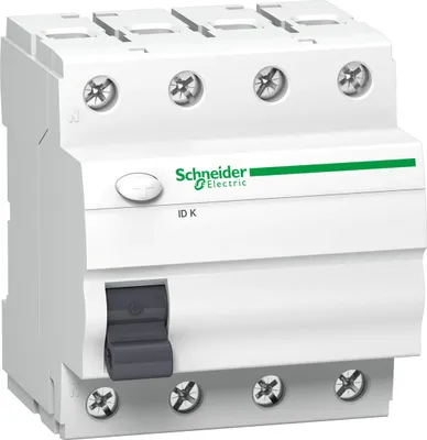 A close-up studio shot of a white Schneider Electric ID K circuit breaker.