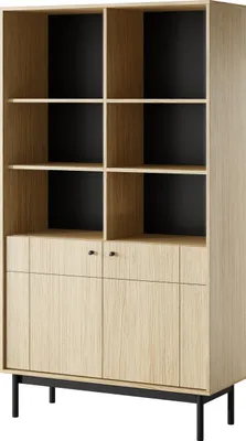 Produktbild von Bücherregal: zwei Türen, zehn Regale, Farbe: Linea-Eiche, Holzbeine: Schwarz, Möbelmaße: B: 103,5 cm, H: 184,6 cm, T: 39 cm
