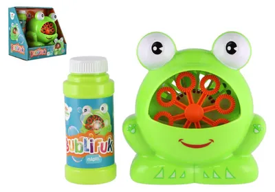 Produktbild von Seifenblasenmaschine „Frosch“ aus Kunststoff, 11 x 13 cm, batteriebetrieben + Nachfüllpackung in einer Schachtel, 17 x 16,5 x 12 cm