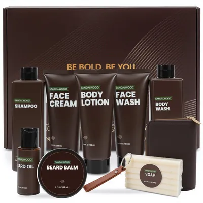 Immagine prodotto di Set per la cura personale da uomo, 10 pezzi, profumo di sandalo. Confezione regalo contenente olio per barba, shampoo e accessori