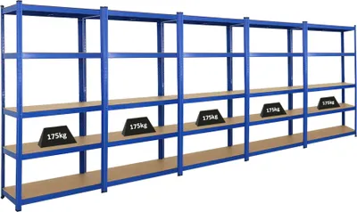 Produktbild von Mega Deal | 5x Schwerlastregal Ragnar | HxBxT 180x90x40cm | 5 MDF-Platten-Ebenen | Fachlast 175kg | Blau