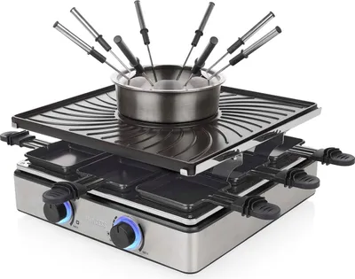 Produktbild von Princess 162670 Raclette & Fondue – 5‑in‑1 – Für 8 Personen – Zwei Thermostate – 1,3 L Fondue‑Pfanne – Abnehmbare Teile – PFAS‑frei – 1800 W