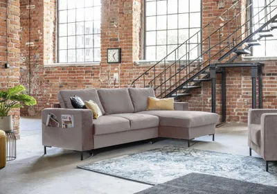 Produktbild von MIUFORM Lofty Lilly - Ecksofa mit Bettfunktion und Bettkasten L-FORM RECHTS - 236x148cm - Velours Dunkelbeige - Sofa Schlafsofa Couch