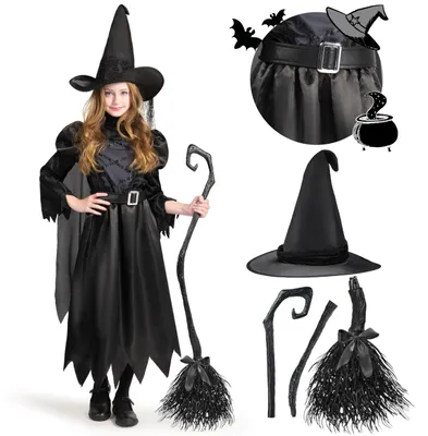 Hexenkostüm für Mädchen, Halloween-Outfit, Schwarz, Large (10-12 J.)