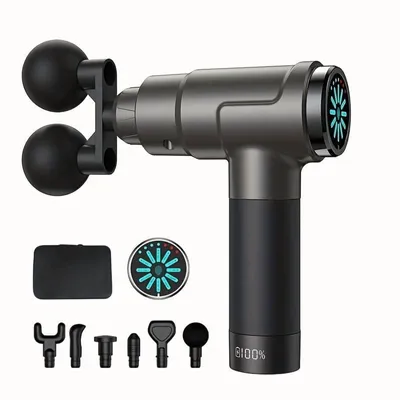 Produktbild von Massagepistole Doppelkopf, Elektrische Massage Gun, Muskelmassagepistole, 12 Intensitätsstufen, LCD Touchscreen, USB-C aufladbar, 7 Aufsätzen & Tasche