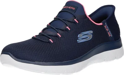 A single navy blue Skechers Slip-ins sneaker with pink accents and a white sole, shown from a side-diagonal angle on a white background.