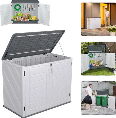 Produktbild von LZQ Auflagenbox Kissenbox Mülltonnenboxen Auflagenboxen 700 Liter Wasserdicht mit Belüftung dadurch kein übler Geruch/Schimmel Moderne Holzoptik Deckel 130x75x100cm (Weiß)