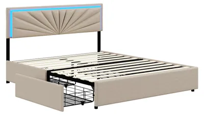 Obrázok produktu pre Postel s čalúnením 160x200 cm - manželská posteľ s zamatovým poťahom - 4 zásuvky pod posteľou - LED osvetlenie - škandinávsky dizajn - drevená konštrukcia - béžová farba