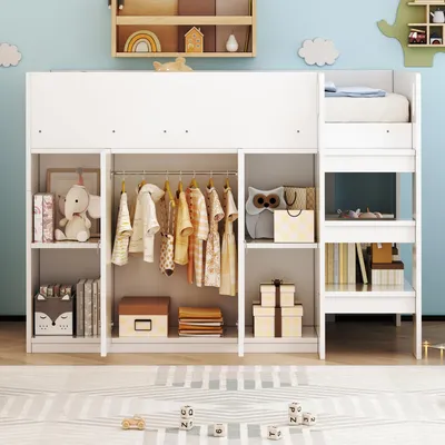 Produktbild von okwish Hochbett 90×200 Jugendbett mit offenen Regale und Schrank,Kinderbett mit integrierte Leiter und Stauraum,ohne Matratze,Weiß