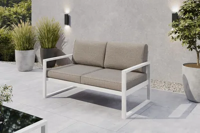 Produktbild von Margaret Hadas24 Gartensofa 2 Sitzer Outdoor Madera Lounge Couch Terrasse wetterfest Balkonmöbel Sitzbank mit Lehne, Gartenmöbel weiß, graubeige