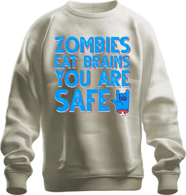 Produktbild von ZOMBIES EAT BRAINS YOU ARE SAFE Halloween Zombie Lustig Horror Uni Sweatshirt Pullover, Natur, L